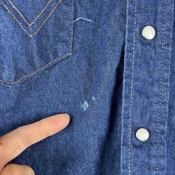 Vintage Wrangler Denim Western Shirt Mens 17.5 35 X-Long Tails Pearl Snap USA - Picture 15 of 15